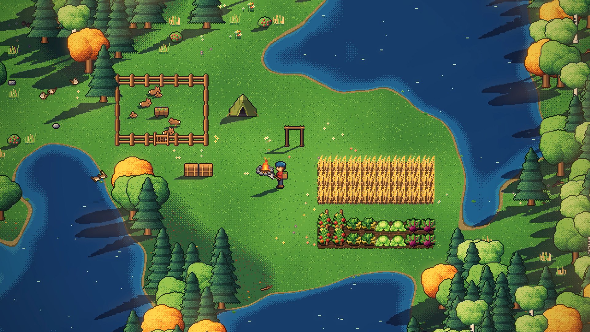 The player's camp at dawn: a fenced garden, a wheat field, a tent and a campfire beside a lake